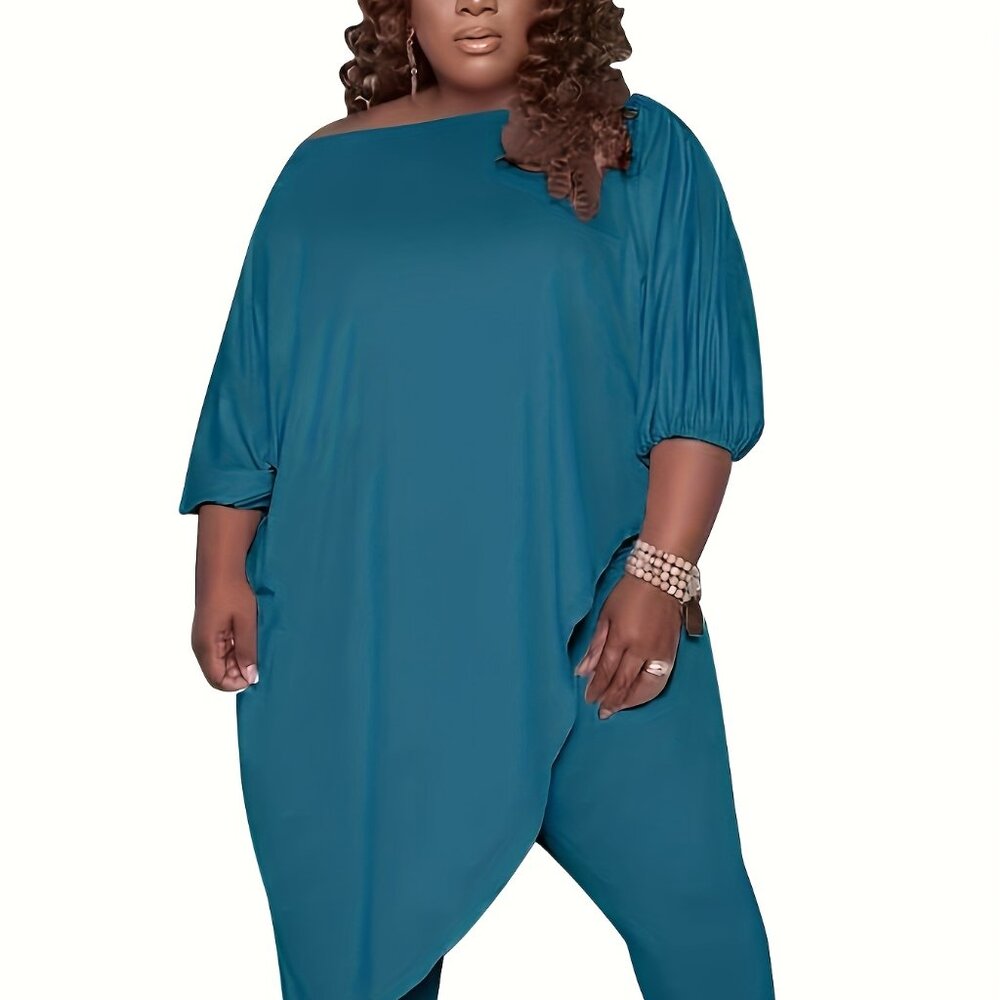 Plus Size Off-Shoulder 2PC Set | Asymmetrical Top + Stretch Pants (1X–5X) - Picture 3 of 3